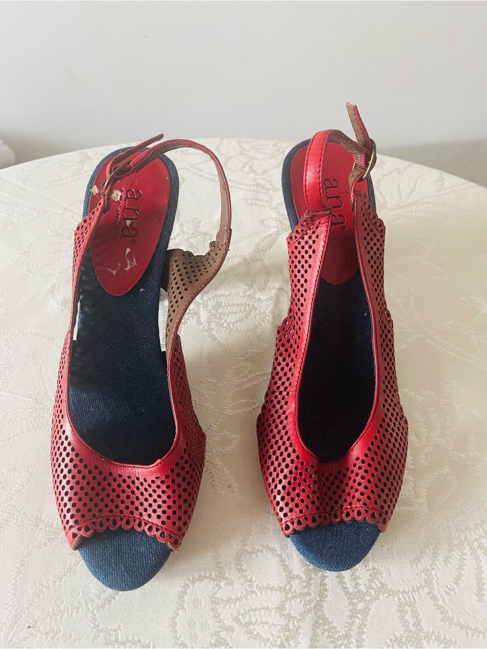 a.n.a Red Perforated Slingback Peep-Toe Heels with Navy Insole